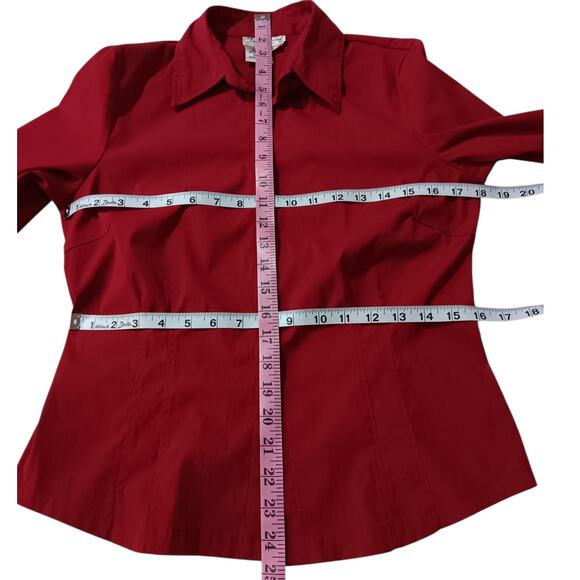 FRED DAVID Stretch Button Front Shirt Blouse Top S Darts Red‎ 3/4 Sleeves Career - Picture 3 of 10